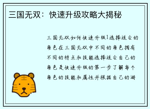 三国无双：快速升级攻略大揭秘